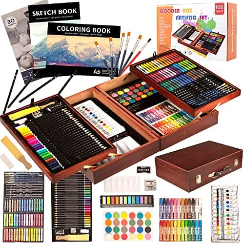 KINSPORY Art Supplies, 168-Pack Deluxe Creative Christmas Gift, Wooden Art Set Crafts Drawing Painting Coloring Kit with 1 Coloring Book, 2 Sketch...