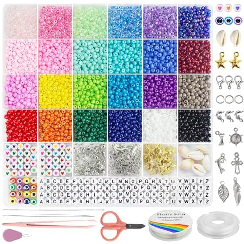 Redtwo 3400 Pcs 4mm Glass Seed Beads for Jewelry Bracelet Making Kit, Friendship Bracelet Kit, Tiny Waist Beads with Letter Beads and Elastic...